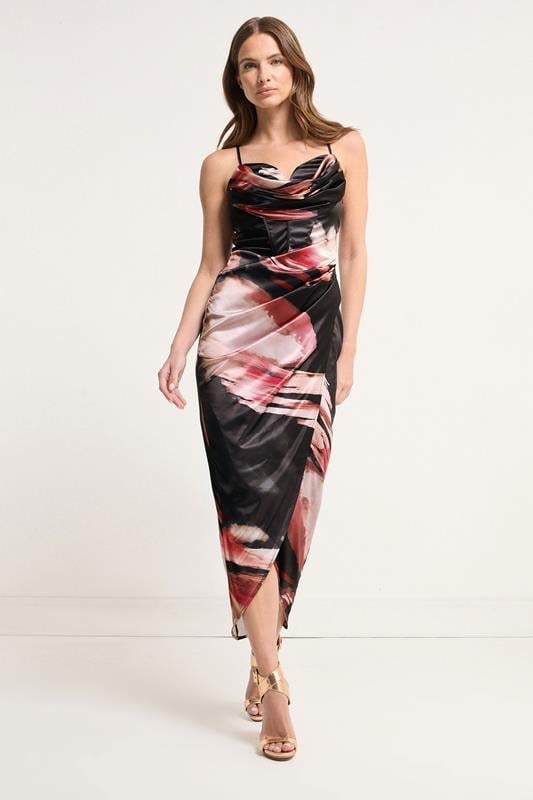 Evans STAR Black Abstract Satin Corset Cowl Wrap Dress