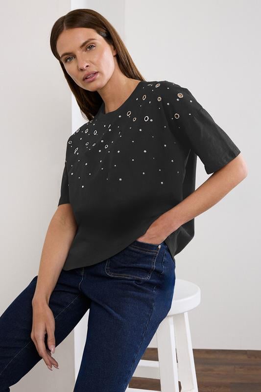 evans STAR Black Eyelet Detail Short Sleeve T-Shirt