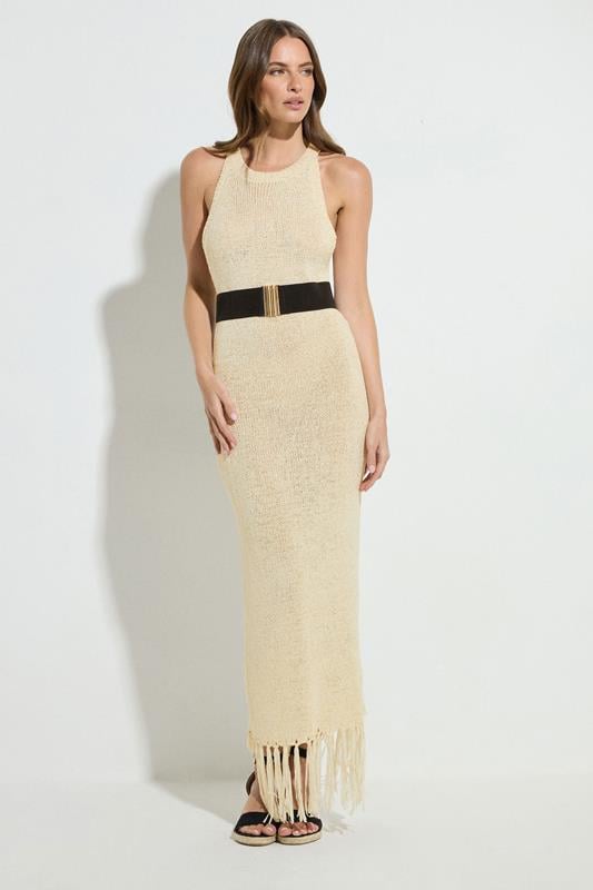 Evans STAR Natural Brown Knitted Tassel Trim Midaxi Dress