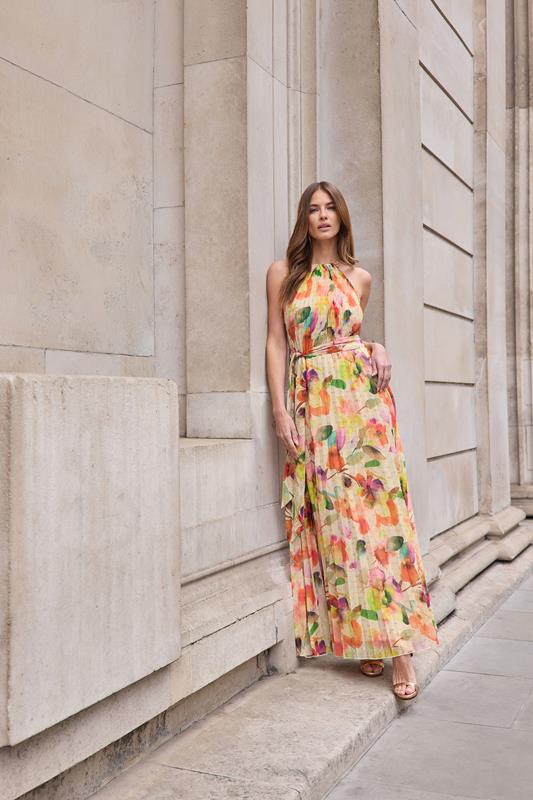 evans STAR Orange Abstract Pleated Halter Neck Maxi Dress