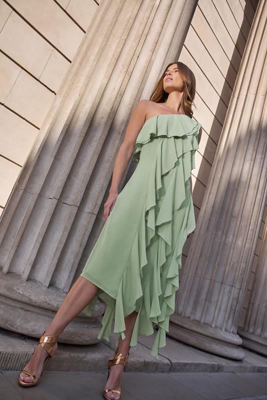 evans STAR Sage Green One Shoulder Ruffle Tiered Dress