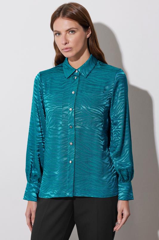 Evans STAR Teal Blue Animal Print Satin Jacquard Shirt