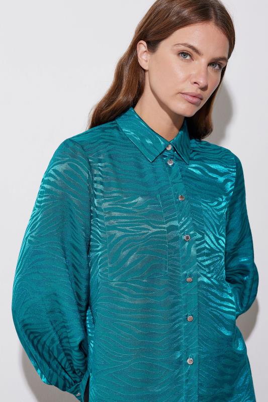 evans STAR Teal Blue Animal Print Satin Jacquard Shirt