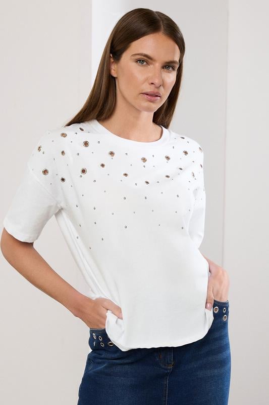 evans STAR White Eyelet Detail Short Sleeve T-Shirt