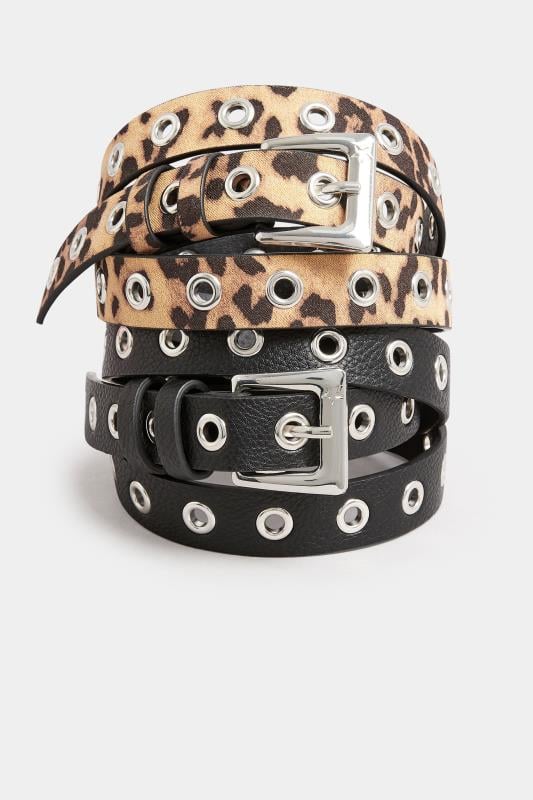 Evans Yours 2 PACK Black & Beige Brown Animal Print Eyelet Detail Belts