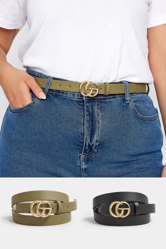 evans Yours 2 PACK Black & Khaki Green Gold Buckle Belts