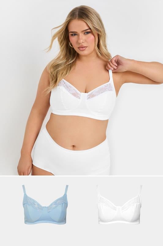 evans YOURS 2 PACK Blue & White Cotton Lace Trim Non-Padded Non-Wired Bralettes