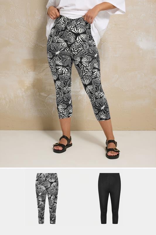 evans YOURS 2 PACK Curve Black Butterfly Print Cropped Leggings