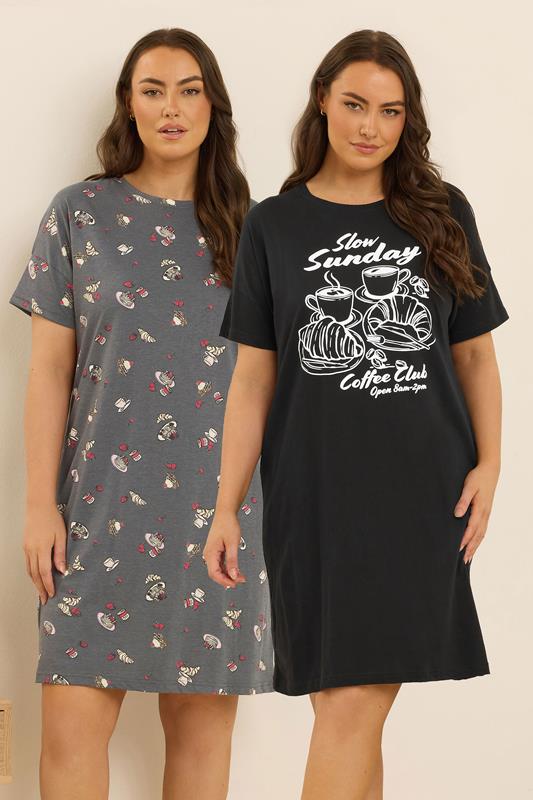 evans YOURS 2 PACK Curve Black 'Coffee Club' Sleep Tee Nightdresses