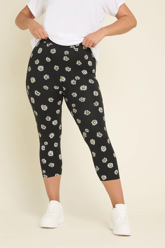 Evans YOURS 2 PACK Curve Black Daisy Print Cropped Leggings