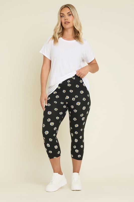 Evans YOURS 2 PACK Curve Black Daisy Print Cropped Leggings