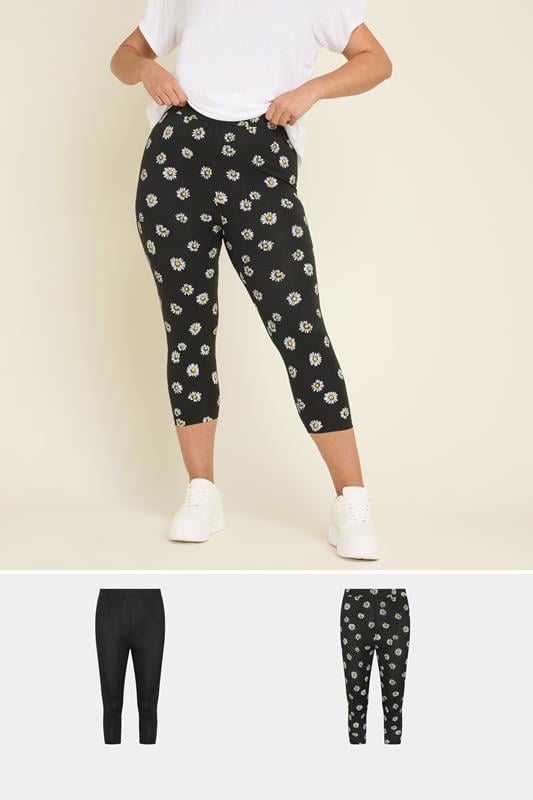 evans YOURS 2 PACK Curve Black Daisy Print Cropped Leggings