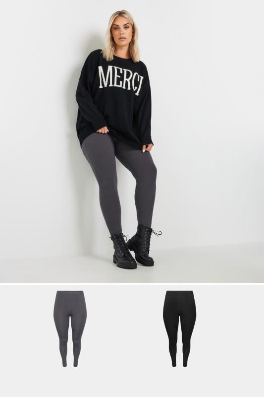 evans YOURS 2 PACK Curve Black & Grey Ribbed Leggings