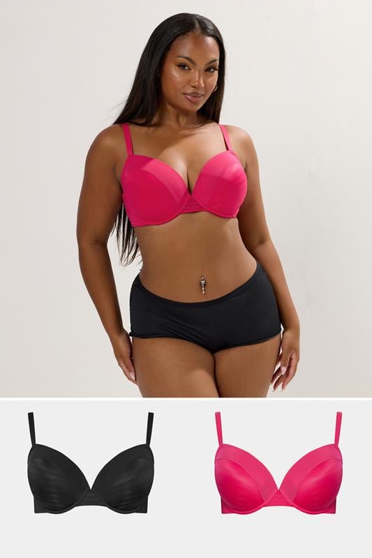 evans YOURS 2 PACK Curve Black & Pink Burnout Stripe T-Shirt Bras