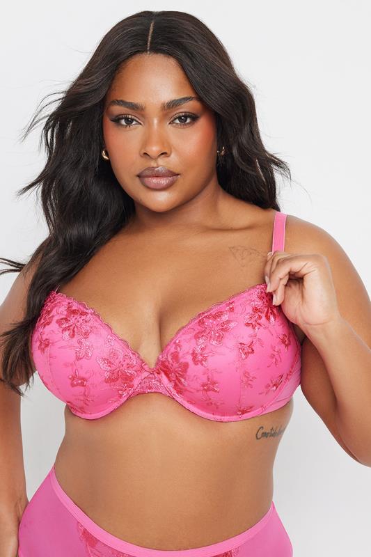 Evans YOURS 2 PACK Curve Black & Pink Floral Lace Embroidered Padded Bras