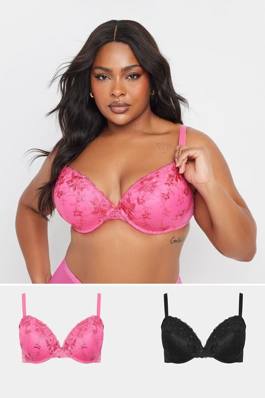 evans YOURS 2 PACK Curve Black & Pink Floral Lace Embroidered Padded Bras