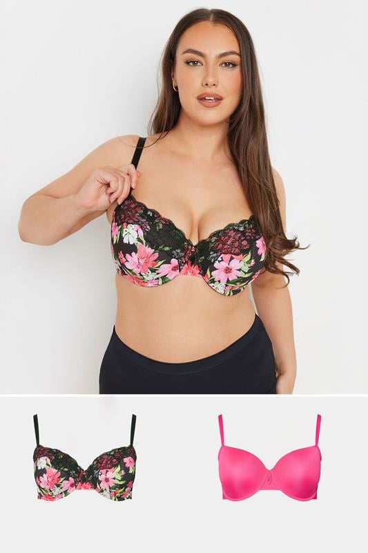 evans YOURS 2 PACK Curve Black & Pink Floral Print Padded Bras