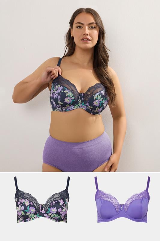 evans YOURS 2 PACK Curve Black & Purple Floral Underwired Bras