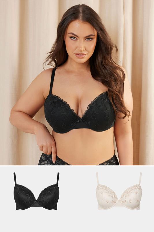 evans YOURS 2 PACK Curve Black & White Floral Lace Embroidered Padded Bras