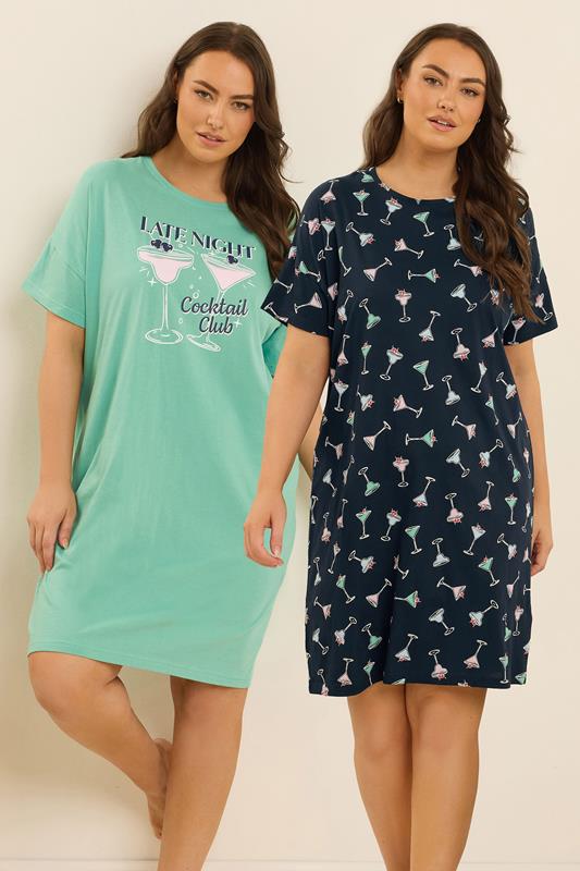 evans YOURS 2 PACK Curve Green Cocktail Print Sleep Tee Nightdresses