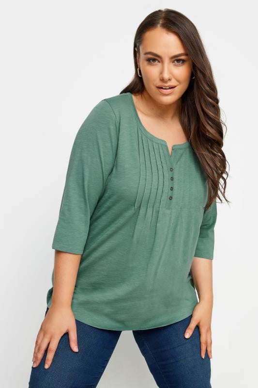 Evans YOURS 2 PACK Curve Green & White Pintuck Henley T-Shirts