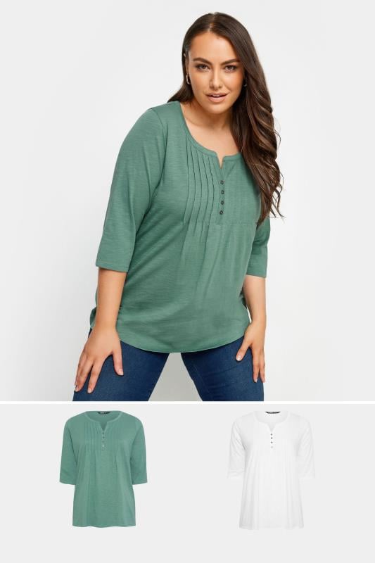 evans YOURS 2 PACK Curve Green & White Pintuck Henley T-Shirts