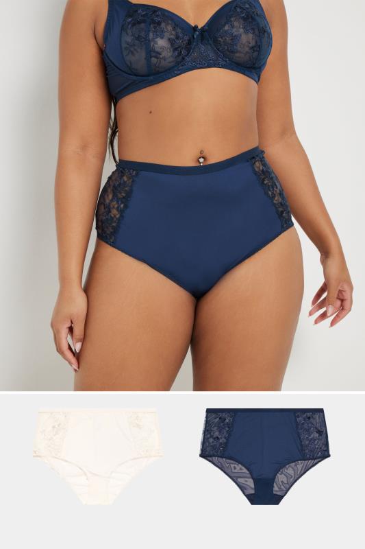 evans YOURS 2 PACK Curve Navy Blue & White Embroidered Full Briefs