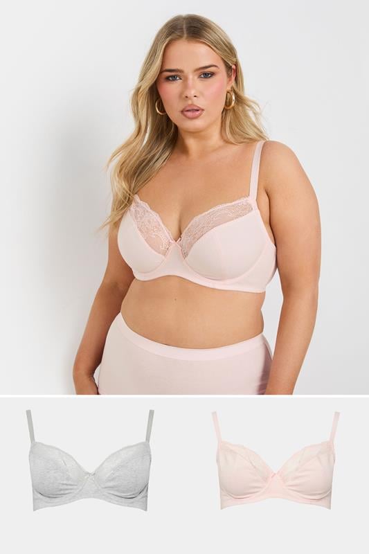 evans YOURS 2 PACK Curve Pink & Grey Cotton Underwired Lace Bras