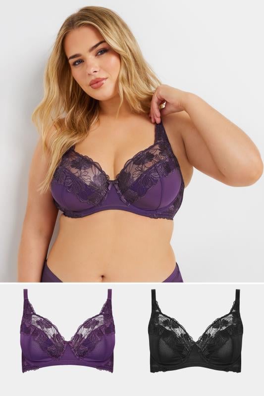 evans YOURS 2 PACK Curve Purple Embroidered Floral Underwired Bra