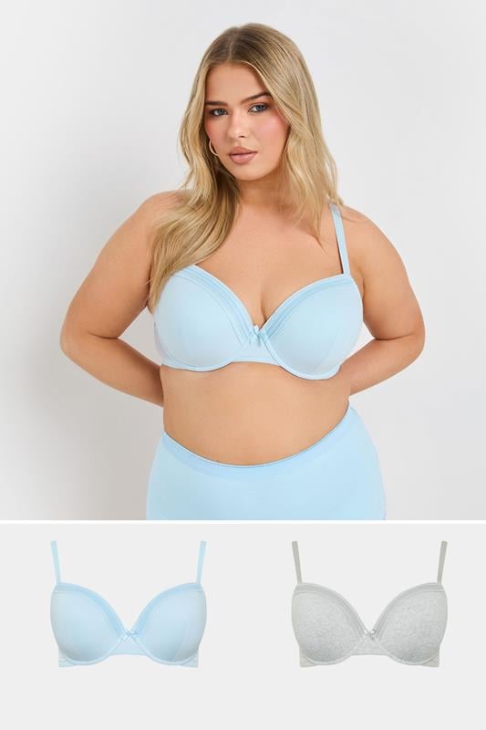 evans YOURS 2 PACK Grey Marl & Blue Lace Trim Padded Bra