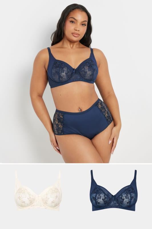 evans YOURS 2 Pack Navy Blue & White Floral Embroidered Underwired Bras