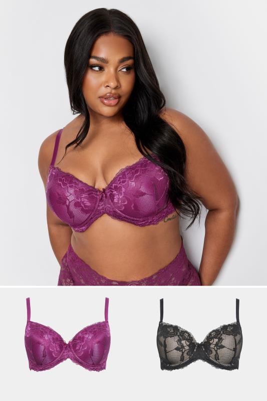 evans Yours 2 PACK Purple & Black Satin Lace Padded Bras