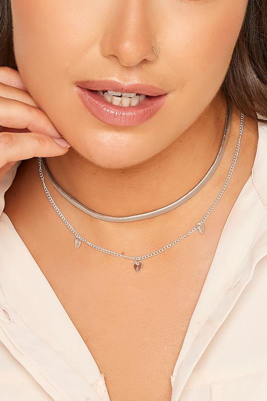 evans Yours 2 PACK Silver Heart Choker Necklace Set