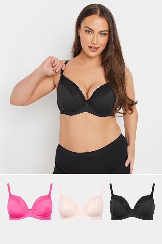 evans YOURS 3 PACK Curve Black & Pink Animal Mesh Underwired Bras