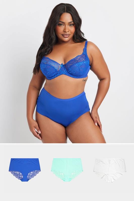 evans YOURS 3 PACK Curve Blue & White Lace Back High Waisted Knickers