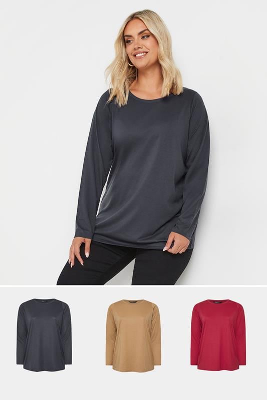 evans YOURS 3 PACK Curve Natural Brown & Red Long Sleeve T-Shirts