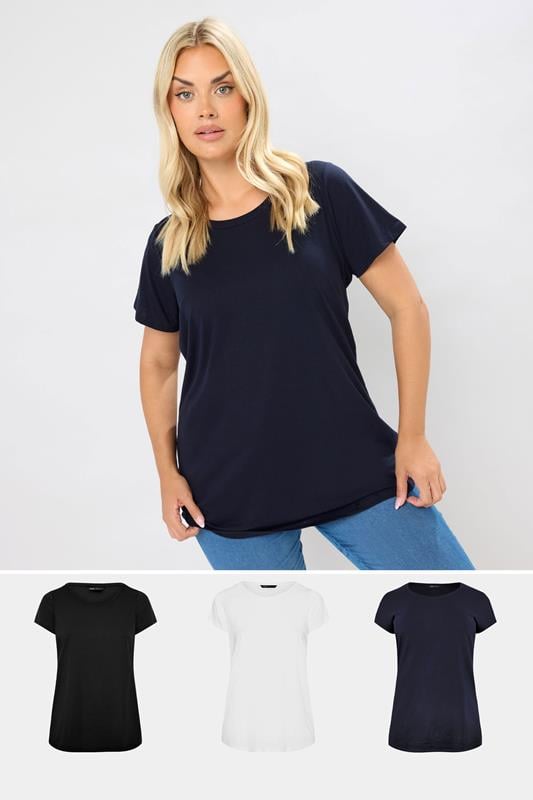 evans YOURS 3 PACK Curve Navy Blue & Black Core T-Shirts