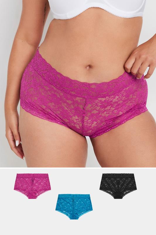 evans YOURS 3 PACK Curve Pink & Blue Lace Mid Rise Shorts