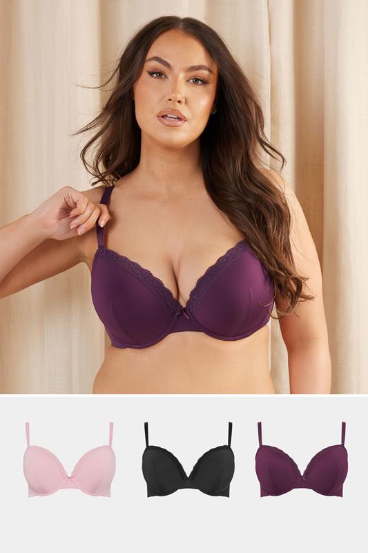 evans YOURS 3 PACK Curve Purple & Pink Lace Trim Padded T-Shirt Bras