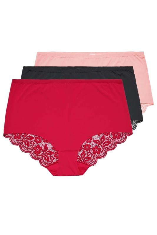 Evans Yours 3 PACK Curve Red & Black Lace Back High Waisted Knickers