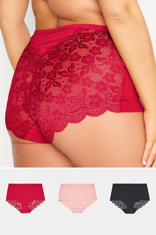 evans Yours 3 PACK Curve Red & Black Lace Back High Waisted Knickers