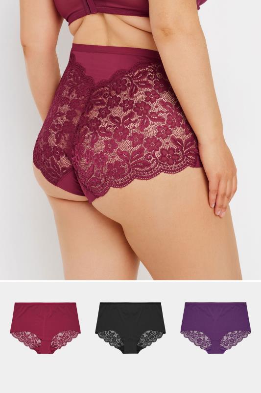 evans YOURS 3 PACK Curve Red & Purple Lace Back High Waisted Knickers