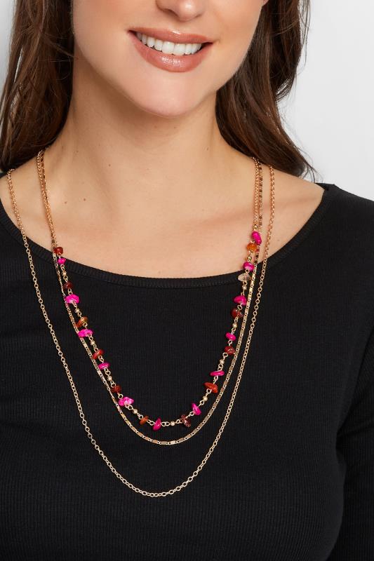 evans Yours 3 PACK Gold & Pink Stone Long Necklace Set