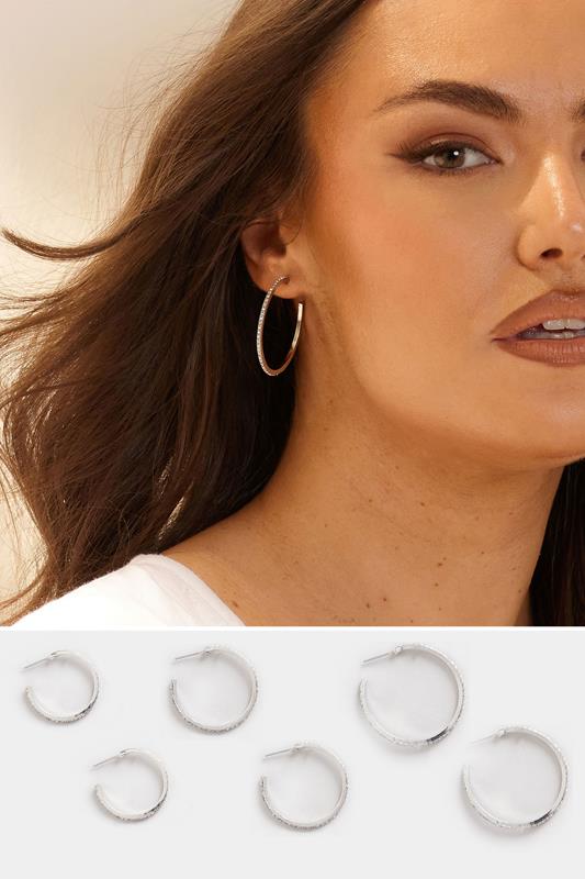 evans Yours 3 PACK Silver Tone Diamante Hoop Earrings Set