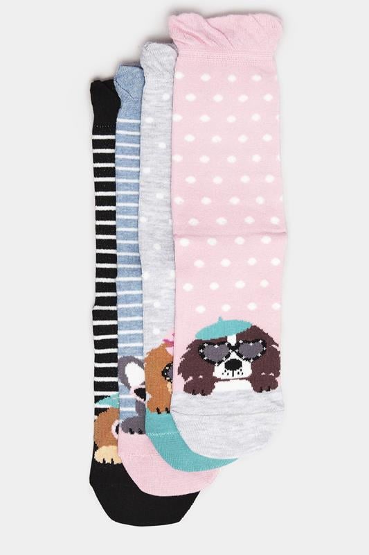 Evans Yours 4 Pack Black & Blue Dog Print Ankle Socks