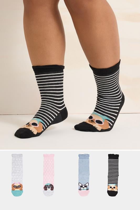 evans Yours 4 Pack Black & Blue Dog Print Ankle Socks