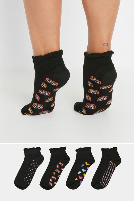 evans Yours 4 PACK Black Mixed Bright Print Trainer Liner Socks