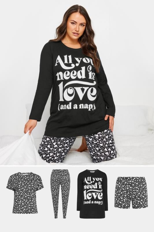 evans YOURS 4 PACK Curve Black 'All You Need Is Love' Pyjama Set
