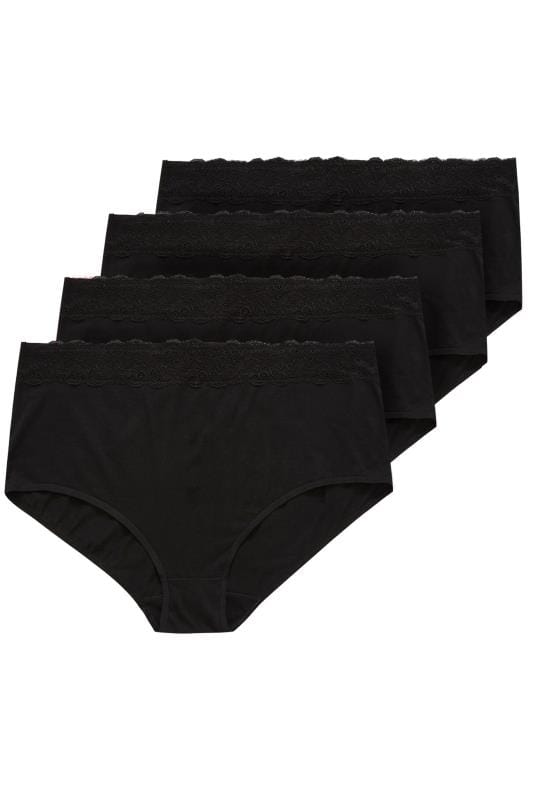 Evans YOURS 4 PACK Curve Black Lace Trim High Waisted Full Briefs