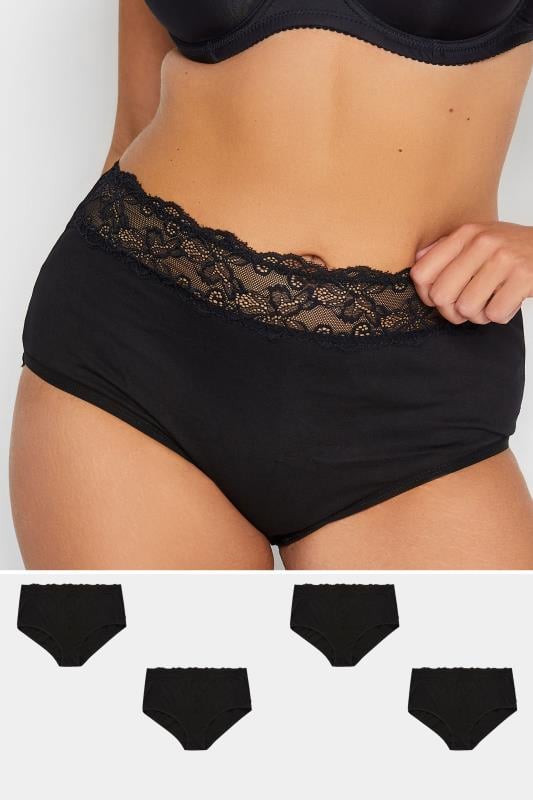 evans YOURS 4 PACK Curve Black Lace Trim High Waisted Full Briefs